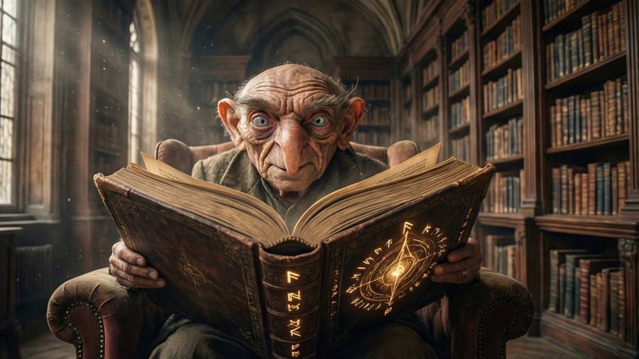 Dominique the Cyclops studies an ancient tome in a majestic library.