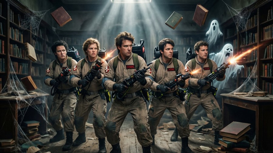 Ghostbusters busting a ghost in a library