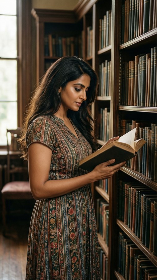 Kangna Ranaut in a vintage library, browsing books, intellectual and calm atmosphere.