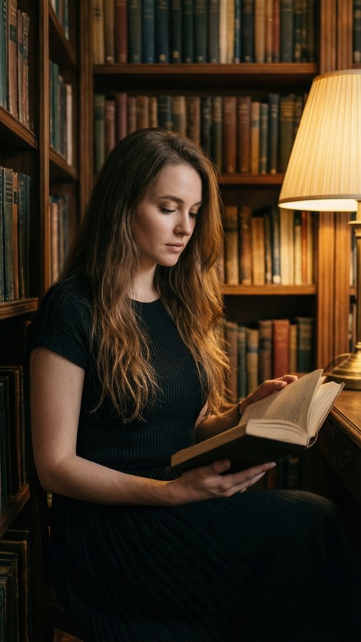 Anastasia liest ein Buch in einer gemütlichen Bibliothek.