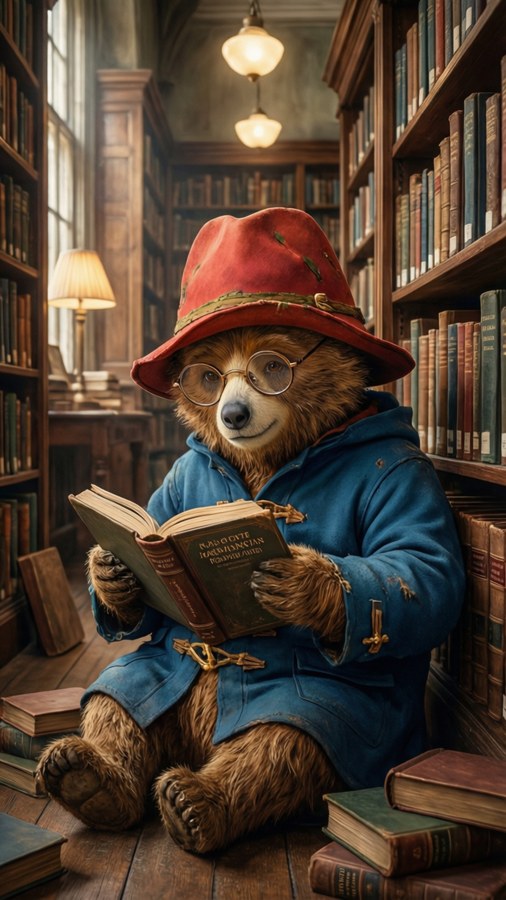 Paddington Bear reading a book in a cozy library.