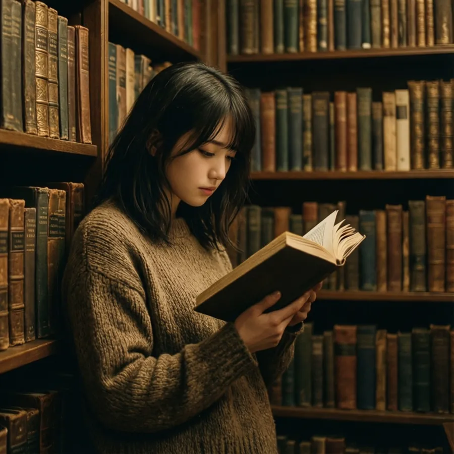 Honoka Sawada läser i ett vintage bibliotek med varm belysning och filmkorn.