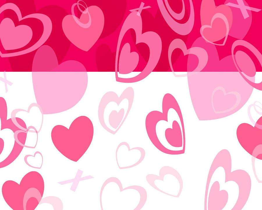 Multiple light pink hearts in different designs scattered on a dark pink and white background. Valentine's Day decor.