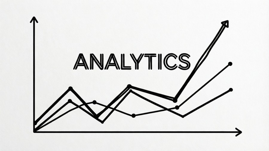 Grafik seni garis minimalis dengan latar belakang putih bersih dan kata 'ANALYTICS' dalam huruf tebal di tengah.