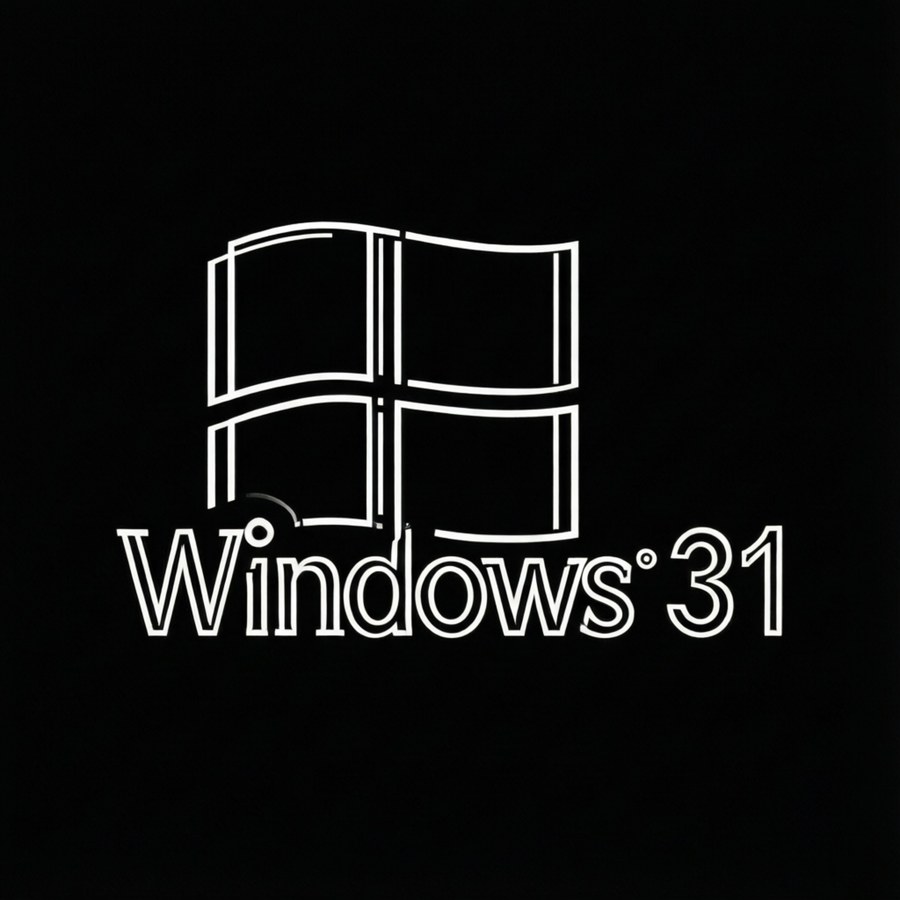Arte linear minimalista em preto e branco de elementos de interface do Windows 3.1 em estilo vetorial