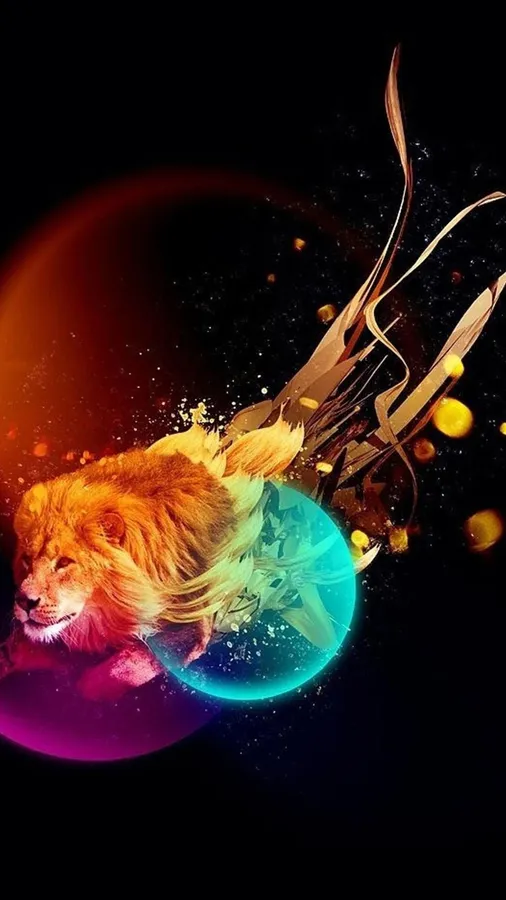 A stunning abstract art piece features a lion's face with galaxy bokeh effects.