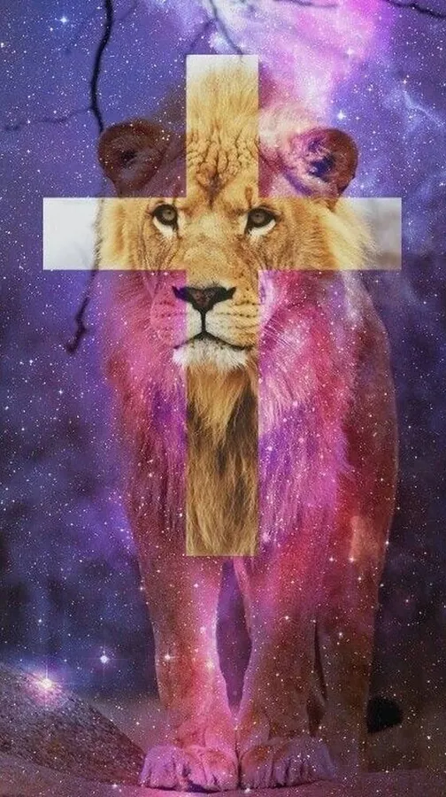 A stunning cross is set against a lion's face with a purple galaxy-star background.