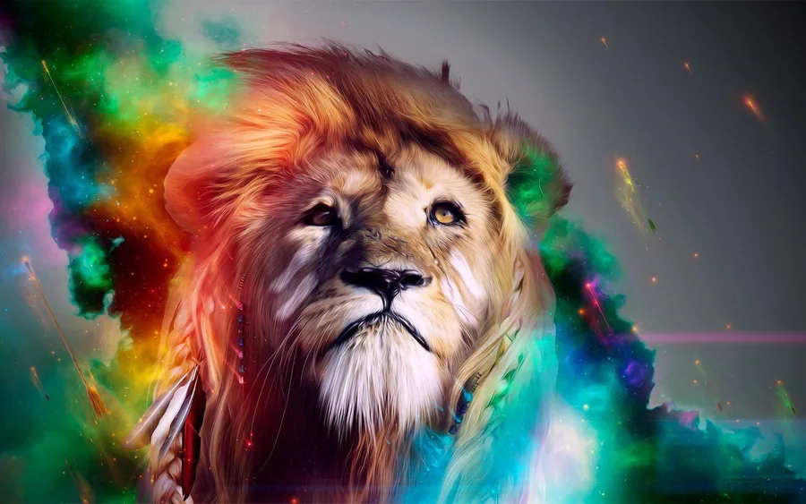 A mesmerizing graphic design showcases a lion with rainbow galaxy smoke effect.