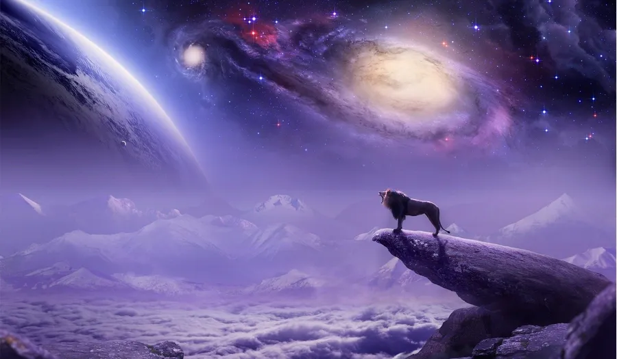 A bewitching galaxy lion wallpaper displaying a lion's silhouette standing on a cliff under a bright galaxy sky.