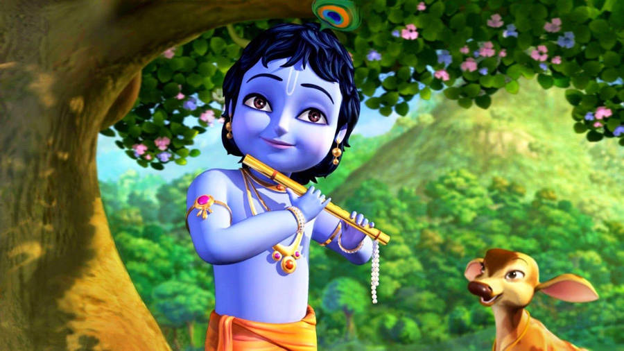 Download Little Krishna Hd Playing Flute With Deer Wallpaper ...