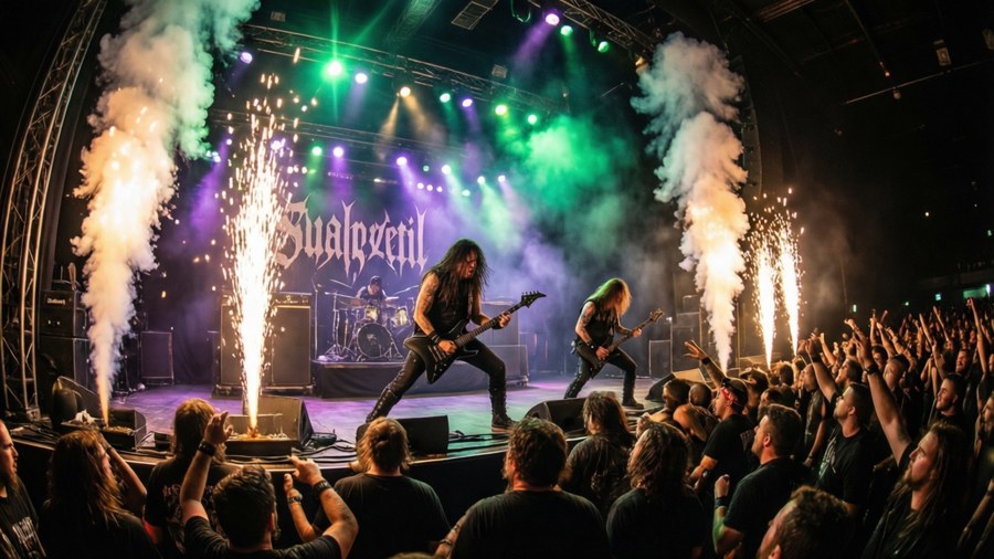 High-energy live performance of Slaughter To Prevail with pyrotechnics