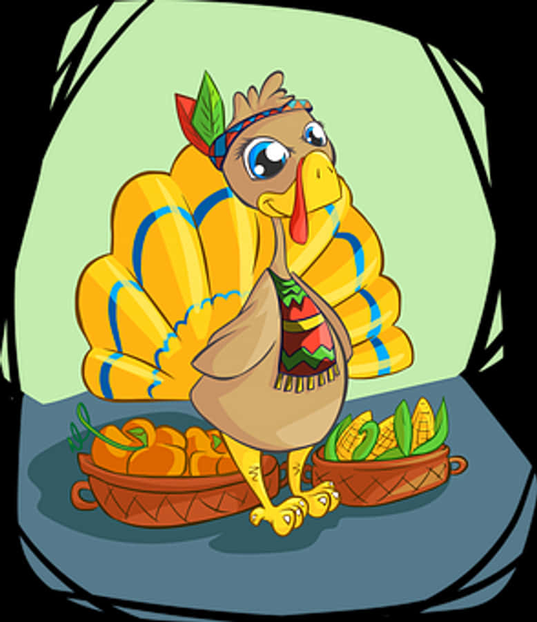 Cartoon Turkey With Harvest Basket