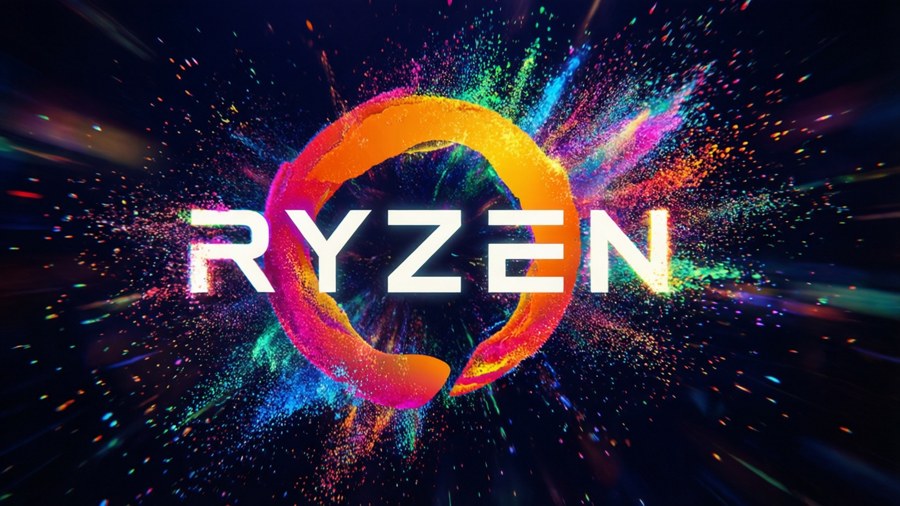 A particle explosion forming the Ryzen logo in bright colors.