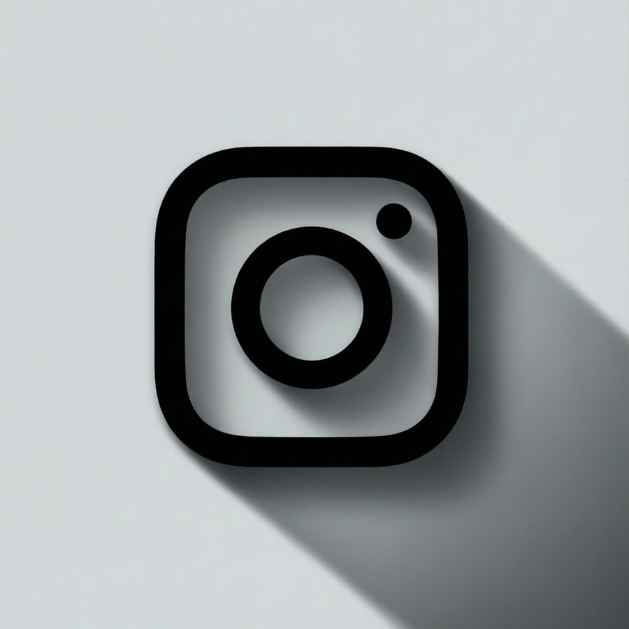 A flat black Instagram logo with a long, soft shadow on a gray background.