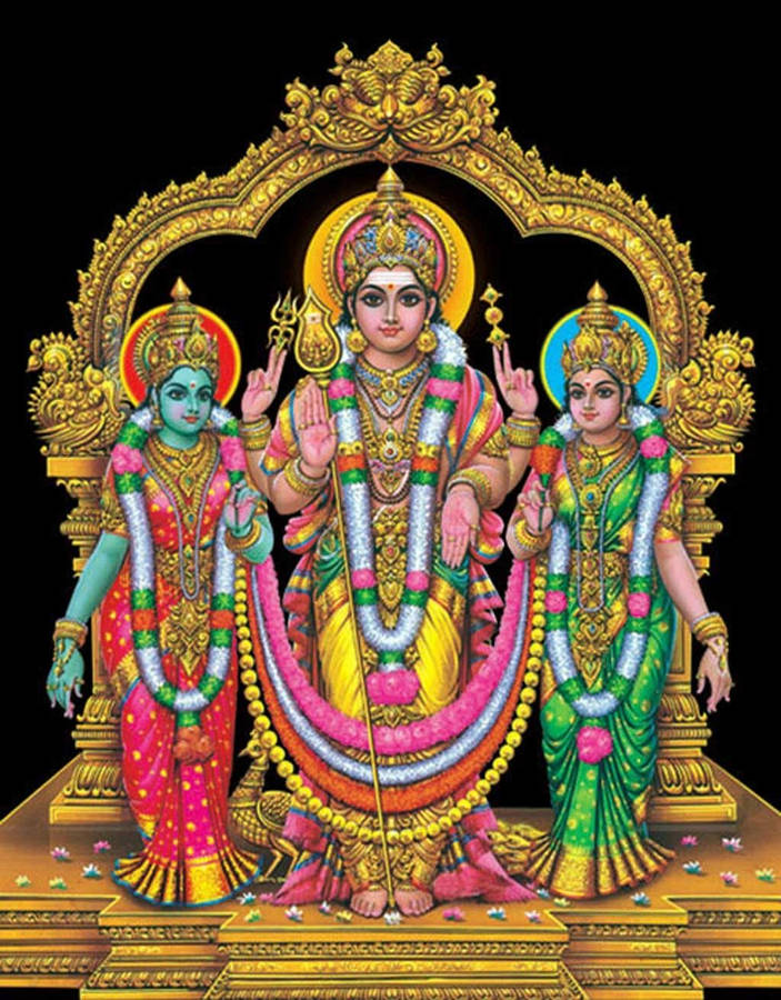 Download Lord Murugan Standing Beside Two Wives Wallpaper | Wallpapers.com