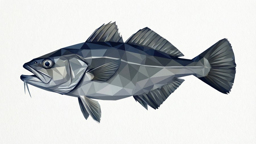 Sebuah seni abstrak geometris low-poly dari ikan haddock berwarna abu-abu dan biru navy.