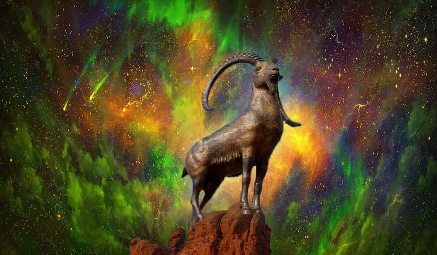 EineStatue einer Ziege, die auf einem Felsen steht, mit einem grünen und roten Hintergrund.