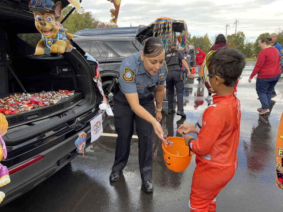 Distribuzione di Caramelle di Halloween da Parte di un Primo Soccorritore