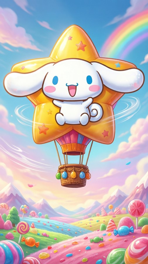 Cinnamoroll rir en stjerneformet luftballong.