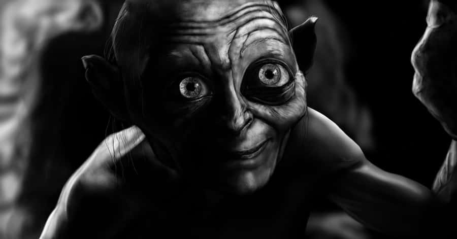 Gollum,eine Kreatur aus J. R. R. Tolkiens Der Herr der Ringe, lauert bedrohlich.