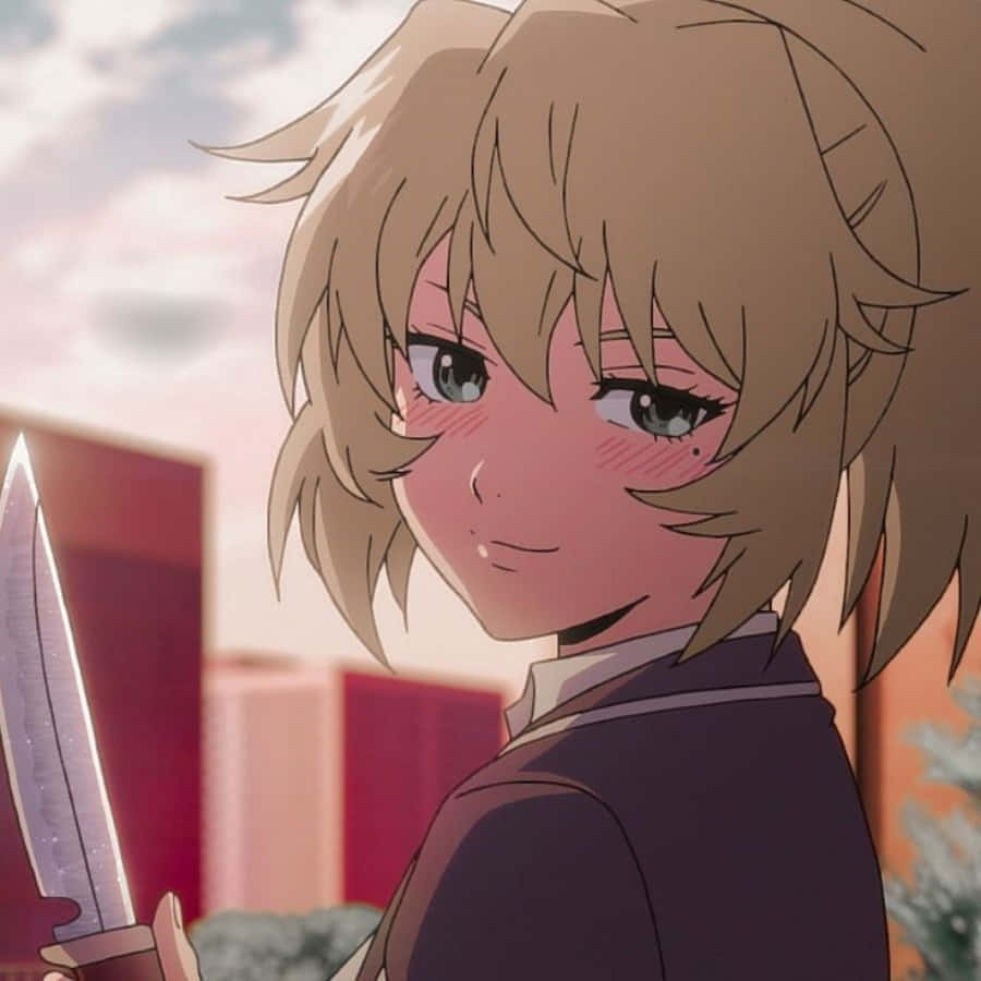 Anime-Mädchen mit Messer bei Sonnenuntergang