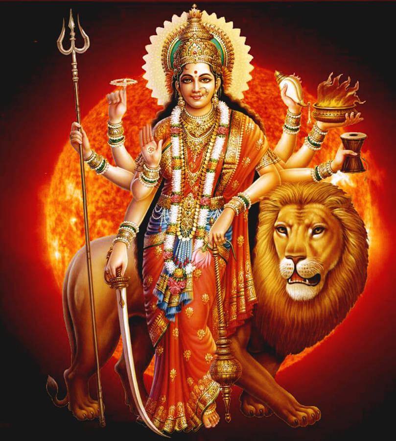 Download Maa Sherawali Goddess Fiery Sun Illustration Wallpaper