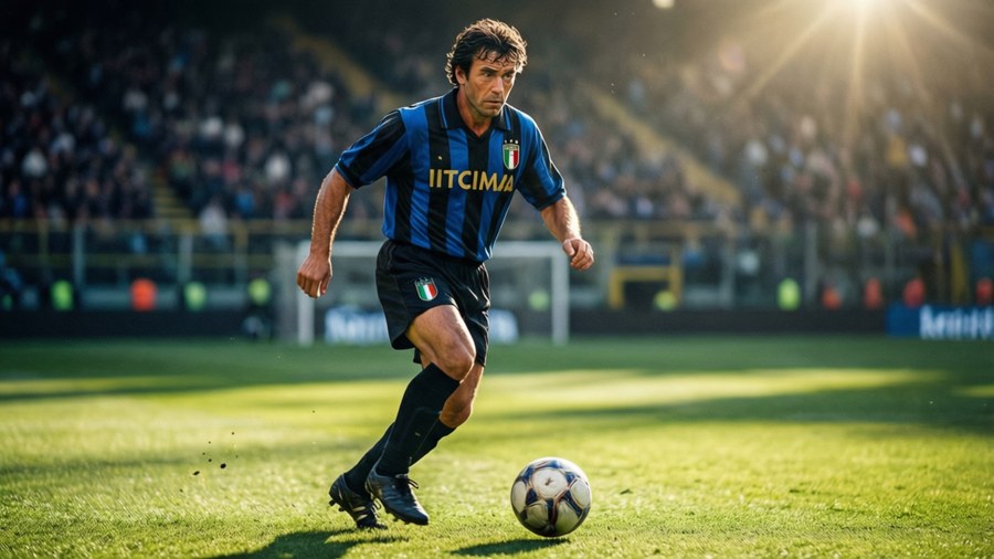 Dynamic action shot of Giuseppe Meazza dribbling a ball in an Italian jersey