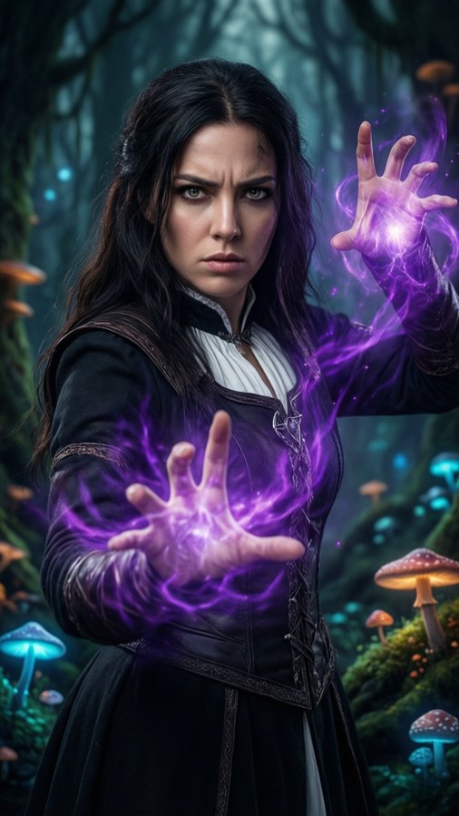 Yennefer utövar kraftfull magi i en mörk skog