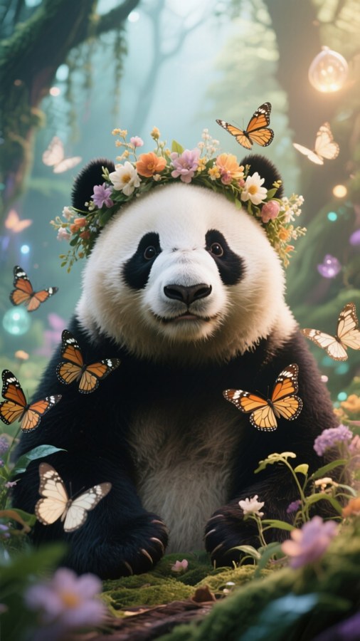 Panda with floral crown and butterflies, whimsical magical forest wallpaper.