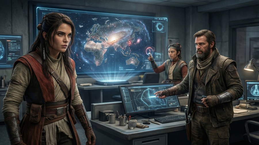Cal plans his next mission with Cere and Greez aboard the Mantis.