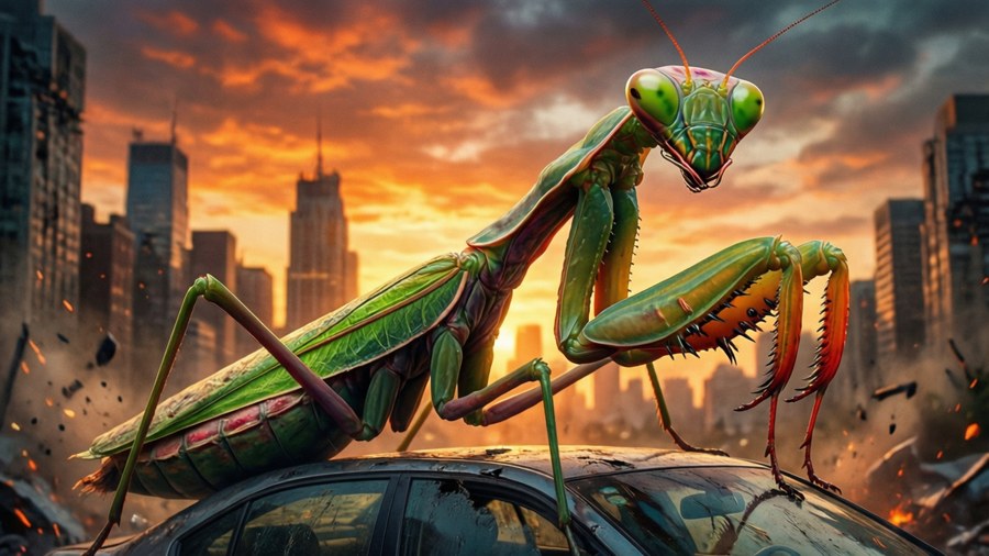 Epic Goosebumps wallpaper of giant praying mantis in city.