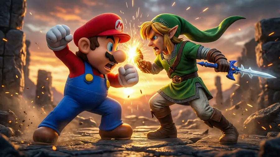 Mario and Link clash in an epic battle on Final Destination at sunset.