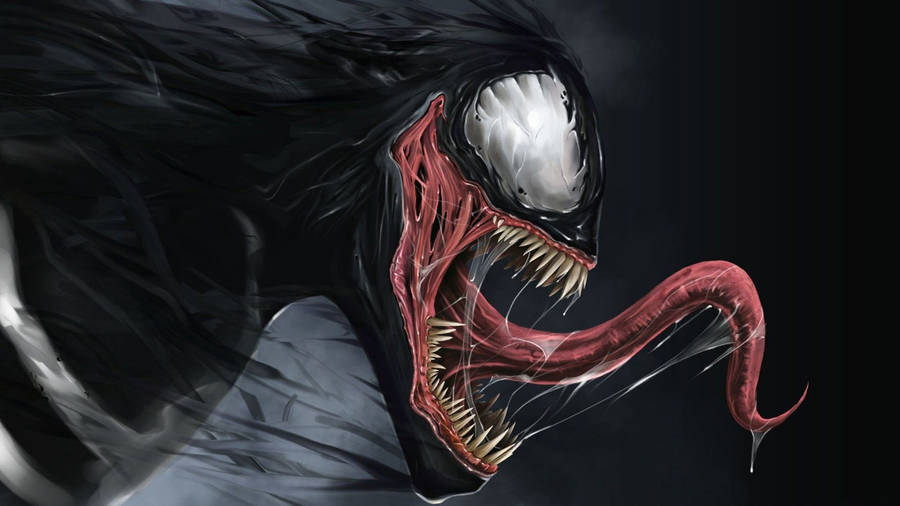 Venom showing its sharp teeth and long tongue full of saliva wallpaper. 