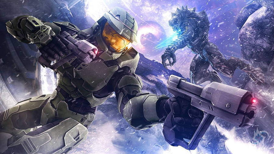 Download Master Chief Dual Handgun Battle Wallpaper | Wallpapers.com