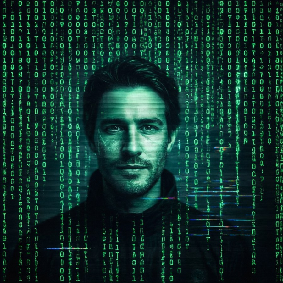 A futuristic cyber Y2K background with cascading green matrix code and scanlines.