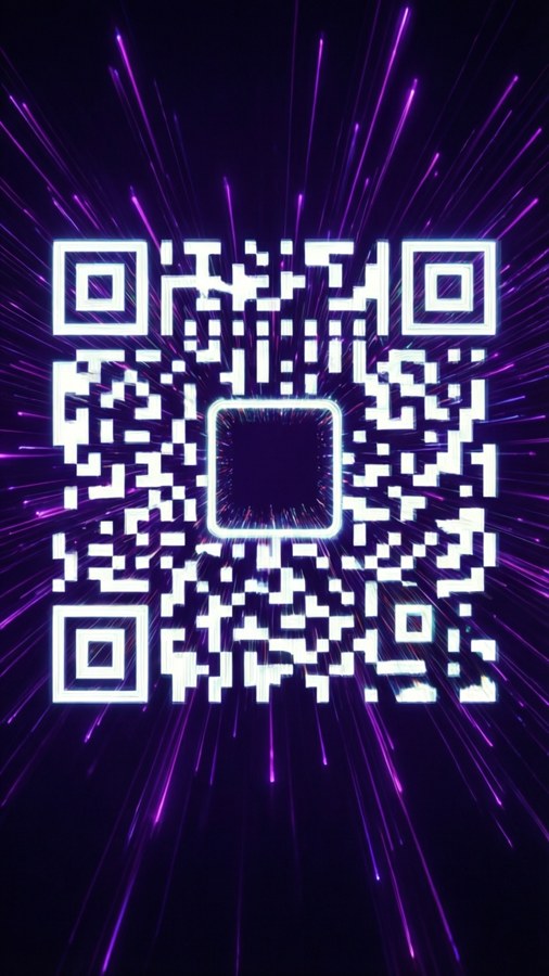 A glowing white QR code on a dark purple background with neon green accents.
