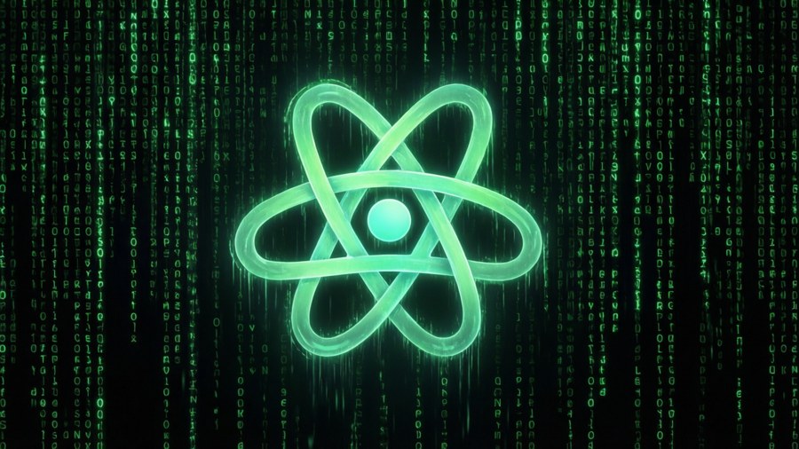 Matrix-inspired green code rain background with React Native logo hologram.