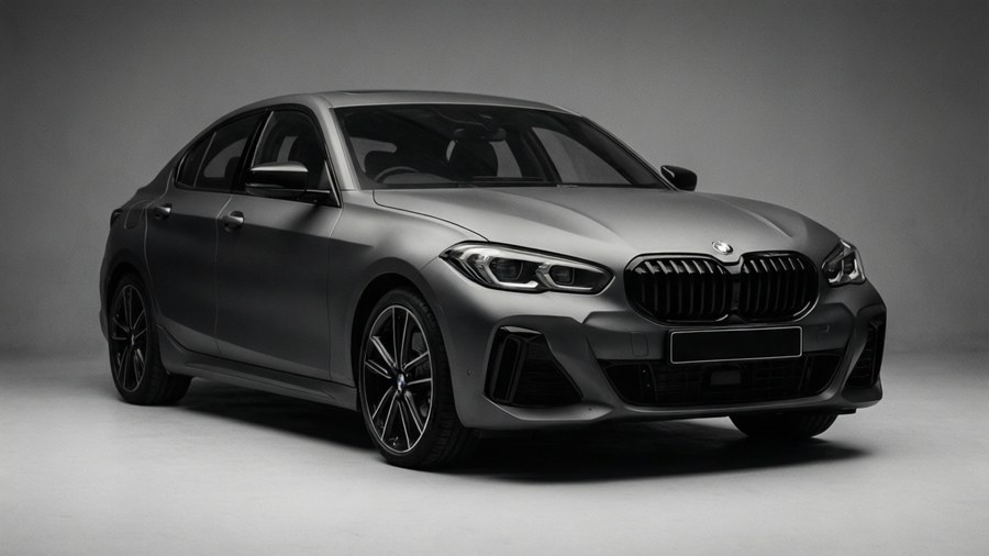 Una foto in studio di una BMW Serie 1 grigio opaco che ne enfatizza le linee eleganti.