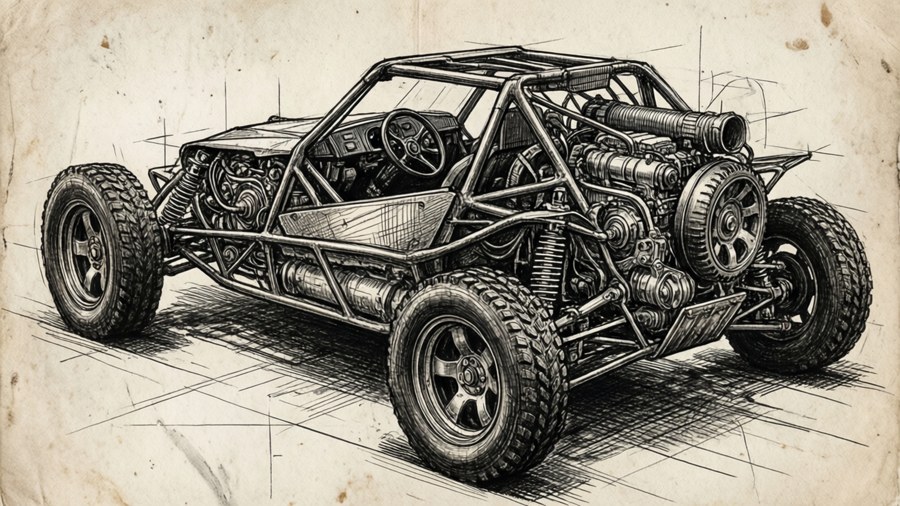 Um esboço técnico a tinta de um buggy com componentes mecânicos detalhados.