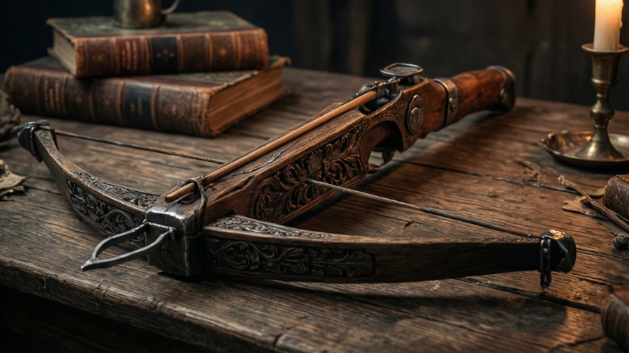 A detailed crossbow in a dark academia setting, ideal for vintage-inspired wallpapers