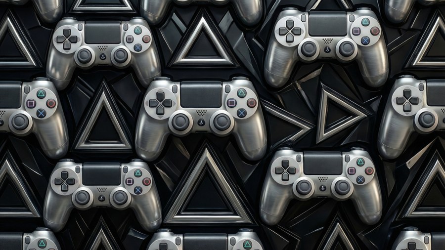 A seamless pattern of metallic PS4 button symbols.