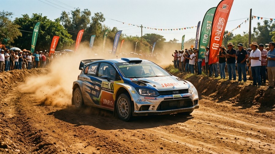 WRC rally car on dusty farm track in Mexico with spectators