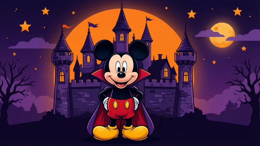 Mickey Mouse som en vampyr foran et hjemsøgt slot i flad vektorstil