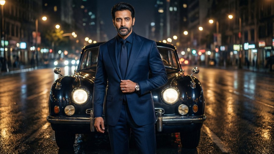 Emraan Hashmi with a vintage car at night
