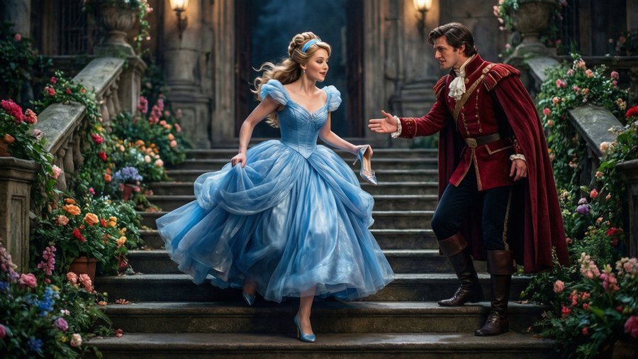 The iconic moment Cinderella flees the ball, losing her slipper.