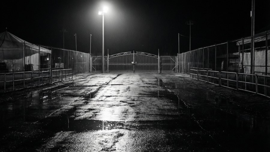 Une photo en noir et blanc inquiétante d'une allée centrale vide et détrempée par la pluie la nuit.