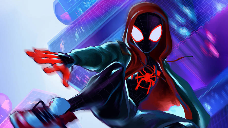 Download Miles Morales Retrowave Jump Wallpaper | Wallpapers.com