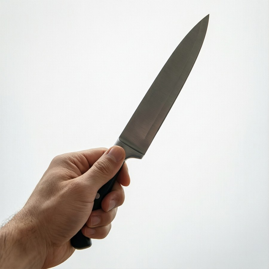 Hand som håller en kniv upprätt på en ren vit bakgrund med mjuka skuggor