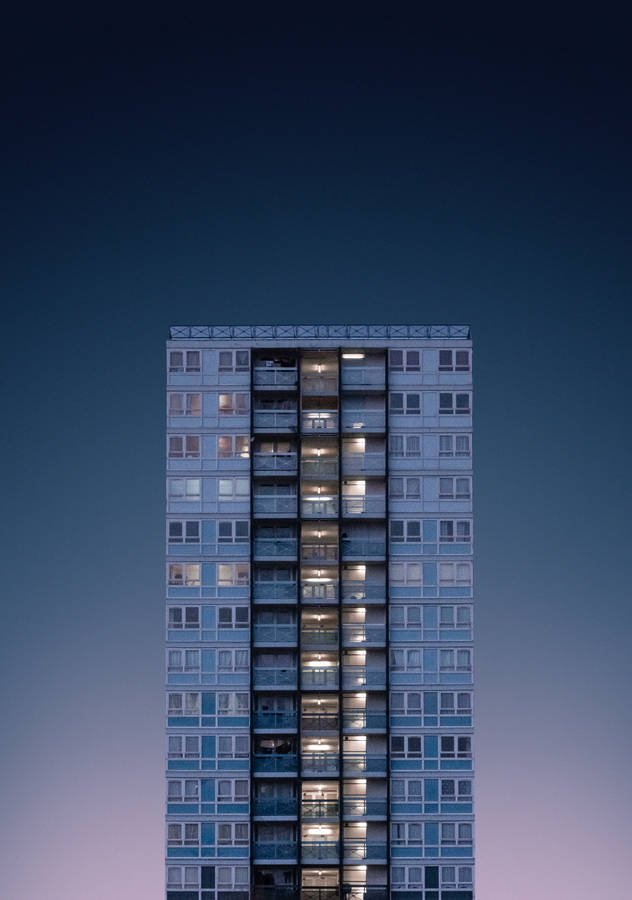 3D building facade on minimal blue night sky wallpaper