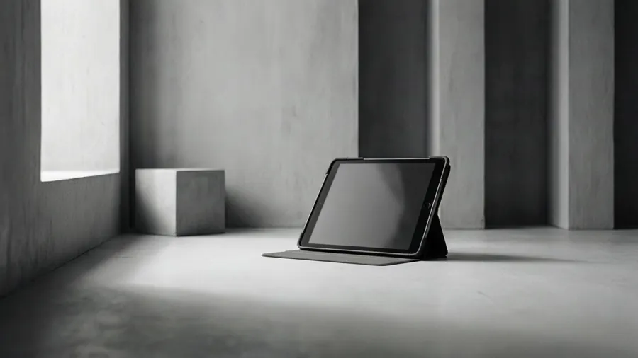 A tablet in a monochrome minimalist room.